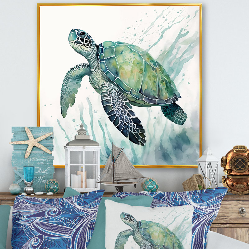 Aquarelle de tortue nageant IV - tortue, art mural, H 30 po x l 30 po x P 1 po, Toile avec cadre flottant or