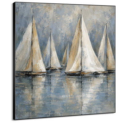 Impression sur tissu grand format - Voiliers blancs sur eau bleue calme avec reflets, pour salon ou chambre - « Assemblage du cadre requis (cadre non fini) »
