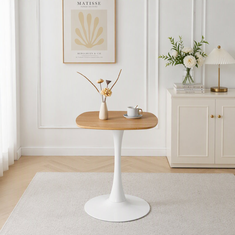 Petite table de salle à manger avec pied central en métal, Blanc / chêne