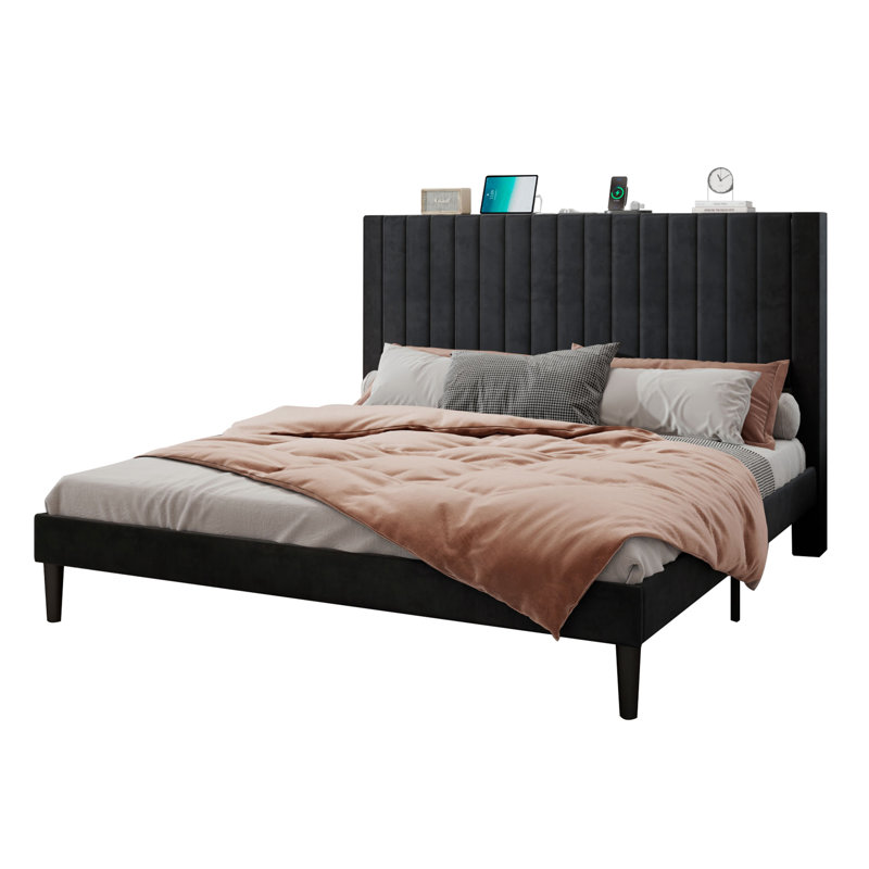 Alti 44.8'' Velvet Upholstered Tufted Bed Frame with Charging Station, Black, King