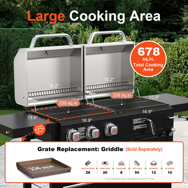  Barbecue combiné au gaz propane et au charbon Brand-man | Barbecue en acier inoxydable avec 2 couvercles et tablettes latérales pour la cuisine de jardin, de patio et d'extérieur