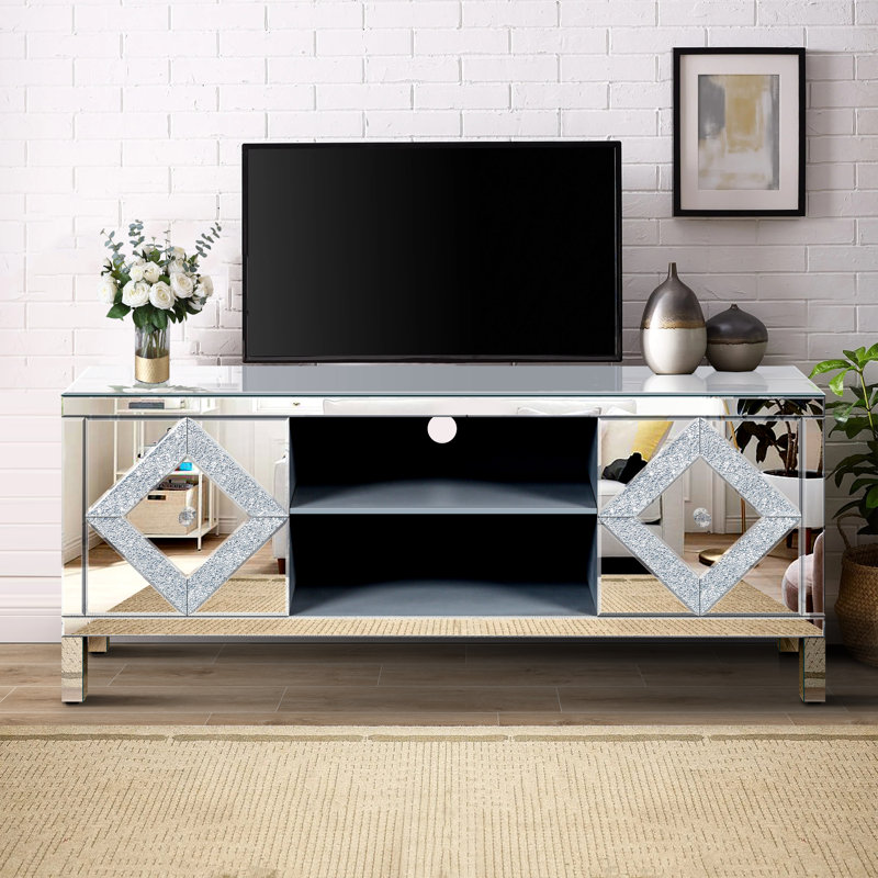 Meuble télé en miroir pour téléviseur de 65 pouces avec rangement ouvert et deux armoires