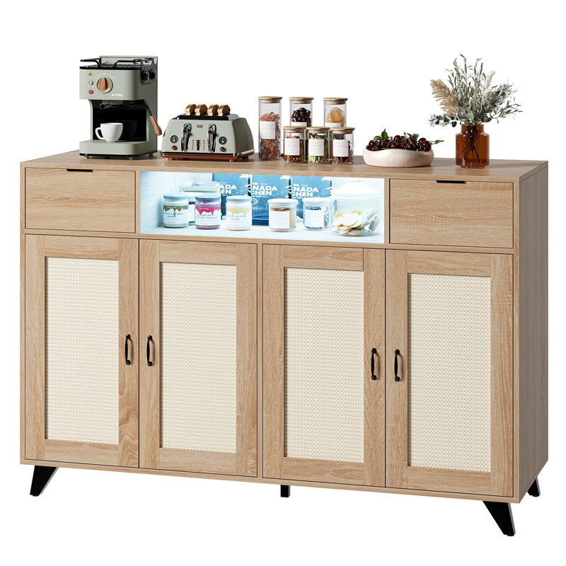 Sideboard Buffet Cabinet, 4 Rattan Doors 2 Drawers Accent Storage Cabinet, Natural