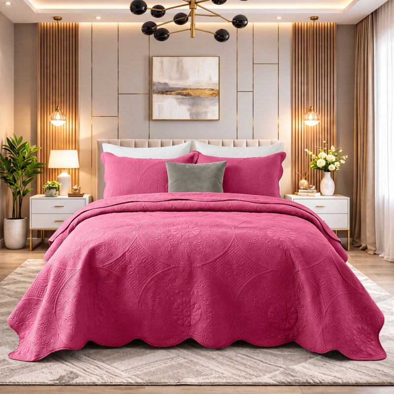 Embossed Floral Microfiber Quilt Set, Queen Bedspread + 2 Standard Pillowcases, Pink