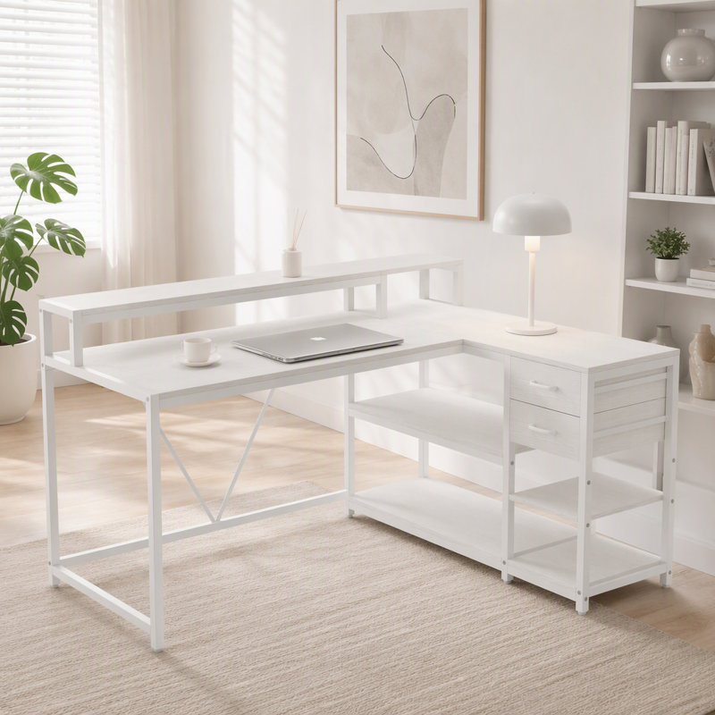 Bureau de bureau en L de 55 pouces avec rehausse de moniteur, tiroirs et tablettes de rangement pour petits espaces, table d'écriture Farmhouse
