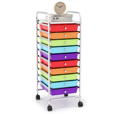  10-Drawer Rolling Storage Cart with Locking Casters, Silver Steel Frame, Plastic Drawers for Home, Office & Garage Organization, Multicolor