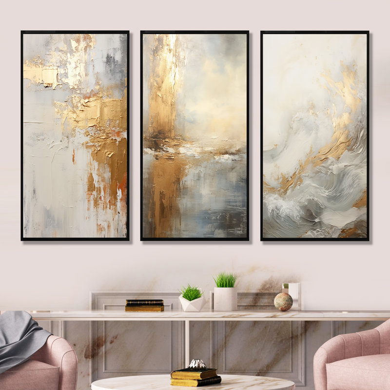 Beige côtier moderne et rivière Gold, H 28 po x l 36 po, Cadre flottant noir