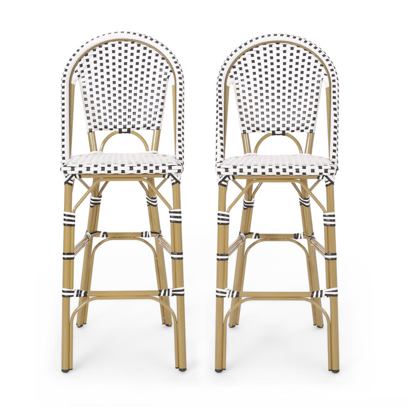 Ensemble de 2 tabourets de bar 29,5 po d'extérieur français en osier de rotin PE avec structure en aluminium au fini bambou, blanc et noir
