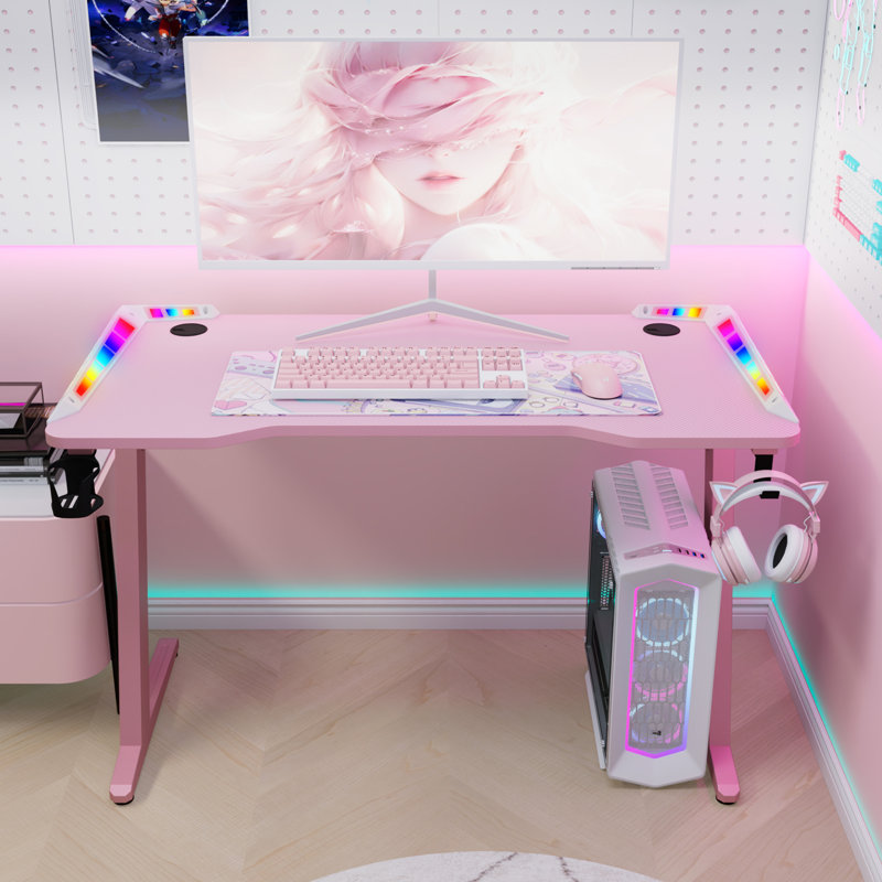 120cm W Rectangular Computer Desk, Gaming Desk with LED Lights, Cup Holder & Hook, Pink