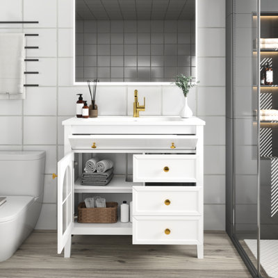 35.6" Freestanding Bathroom Vanity Sink With Glass And Motion - Activated Lights, White Integrated Basin Adjustable Shelf Vanity, Glass, Automatic Sensor Lighting, Flip Top Drawer, Storage Space