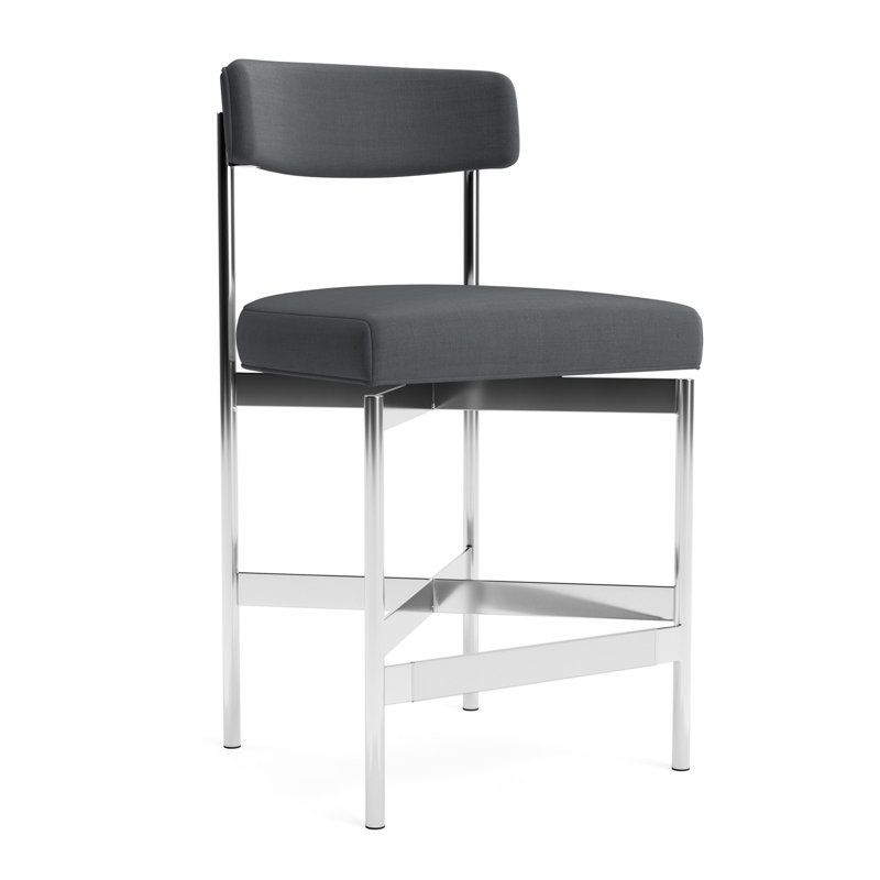 Remy Bar Stool, Performance Linen - Charcoal, Polished Stainless Steel, Counter Stool (25” Seat Height)