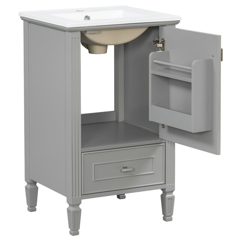 Meuble-lavabo de 20 po avec lavabo en céramique, pieds en bois massif, meuble-lavabo autoportant avec armoire de rangement, tiroirs et portes à fermeture en douceur, support de rangement