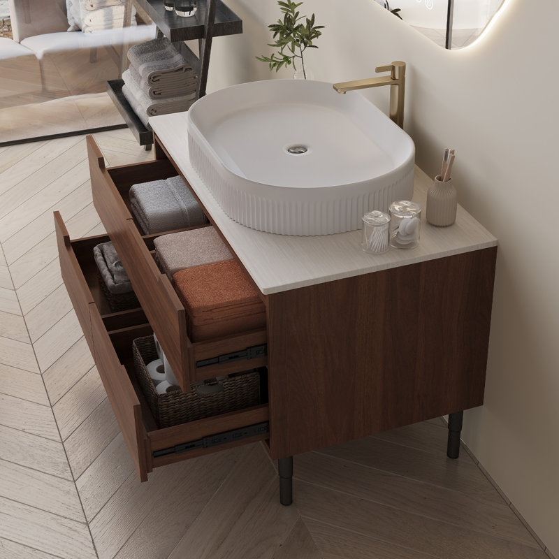 Meuble-lavabo de 36 pouces avec lavabo intégré en céramique et tiroirs à fermeture en douceur, autoportant ou mural pour une conception polyvalente