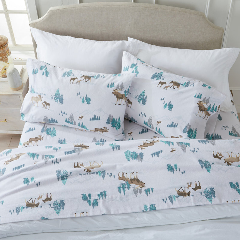 Queen Blue Moose Print Cotton Flannel Sheet Set