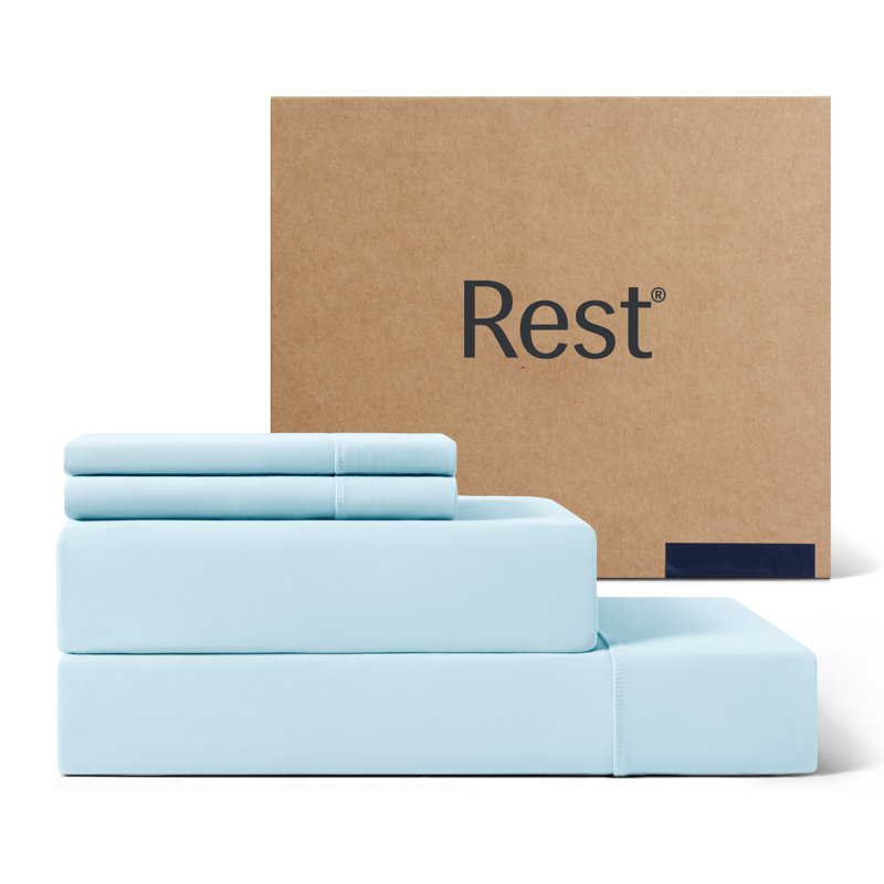 Ensemble de draps 4 pièces REST Everco®, Ensemble de draps pour grand lit avec 2 taies d'or, Bleu clair