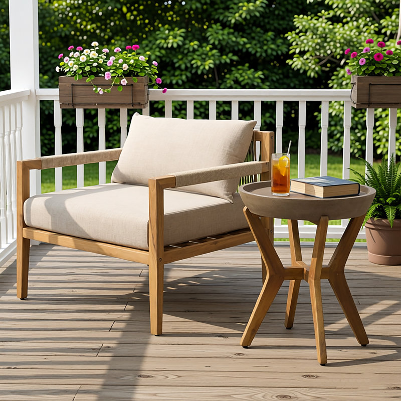Chaise longue en corde d'acacia et beige avec table d'appoint en béton et acacia - gris clair