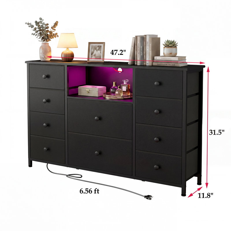 10 Drawers Dresser with Charging Station and LED Lights, Fabric Long Dresser TV Stand with PU Finish, Black