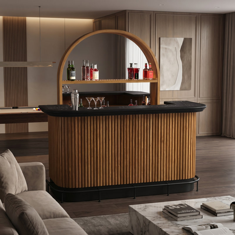 Prohibition Series 84" Cocktail Bar  With Foot Rail and Prohibition Back Bar By RAM Game Room, Walnut