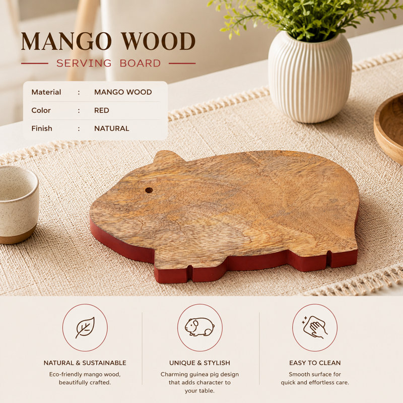 Guinea Pig-Shaped Mango Wood Serving Board with Red Edge, Wooden Cheese & Charcuterie Board for Kitchen & Entertaining