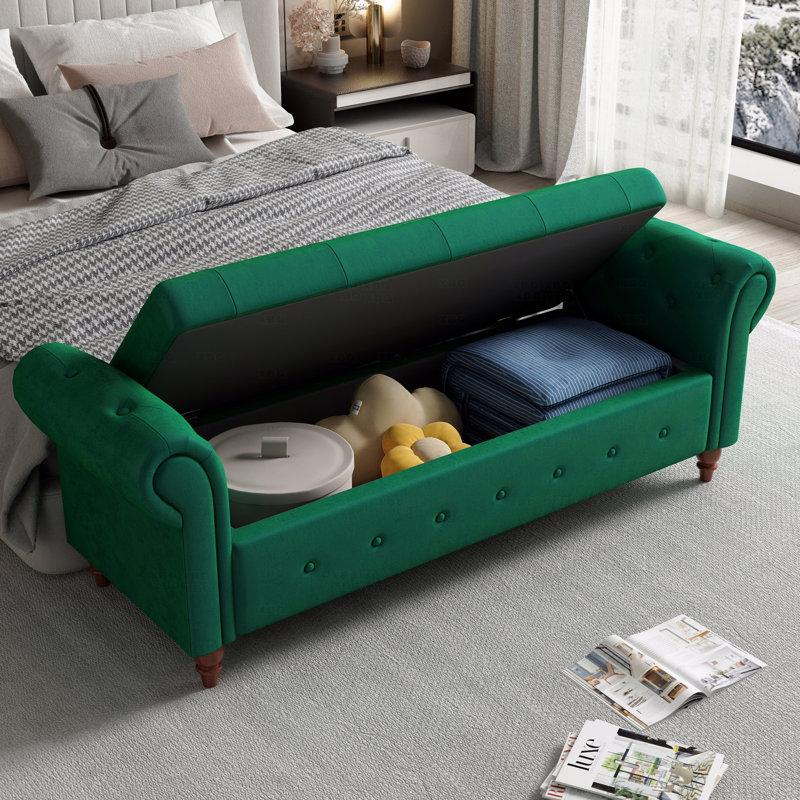 Upholstered 63" Bed Bench , Wooden Legs, Dark Green