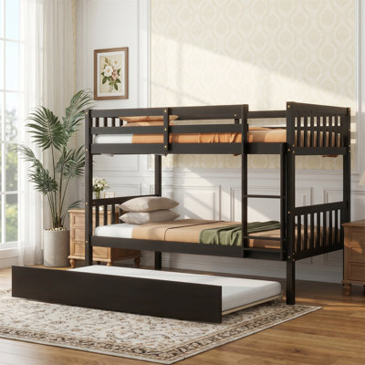 Lit superposé en bois d'hévéa avec échelle et rails de sécurité, comprenant un lit escamotable qui peut être converti en deux lits simples