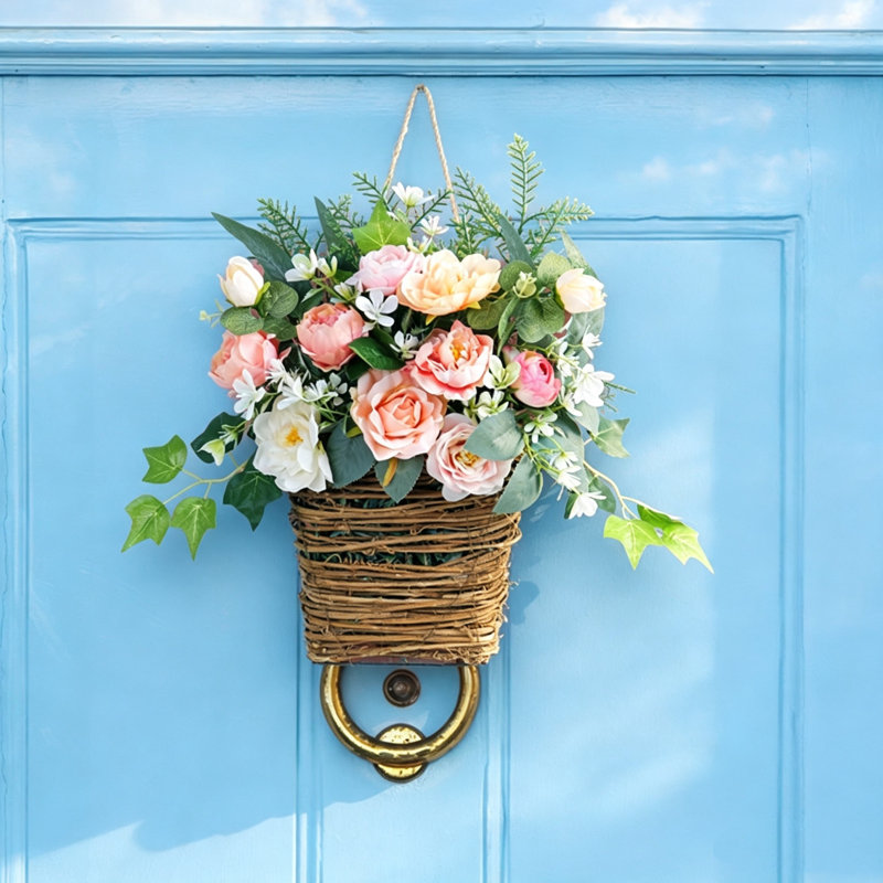 Petit support de porte couronne de fleurs rose pour porte décorative