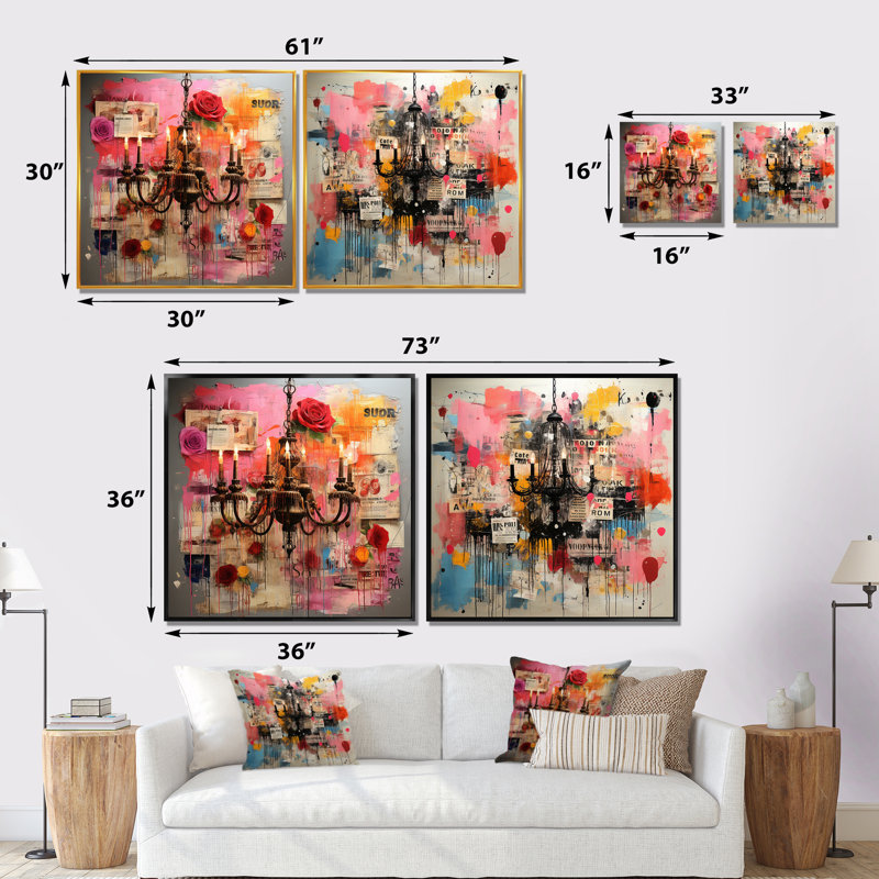 Lustre Pop Art en rose I - ensemble de 2 impressions sur toile lustre, Cadre flottant doré, H 36 po x l 73 po x P 1,5 po