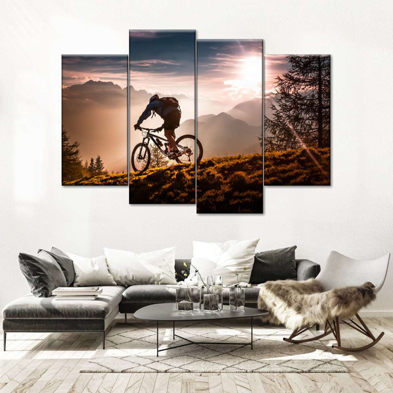 Coucher de soleil à vélo sur toile 4 pièces, H 22 po x l 36 po x P 1 po