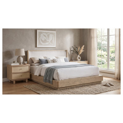 Ensemble de chambre à coucher Malani Queen 3 pièces avec lit à oreilles rembourré et deux tables de chevet au fini chêne beige