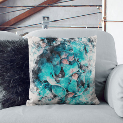 Teal Blue Hydrangeas Watercolour Square Throw Cushion