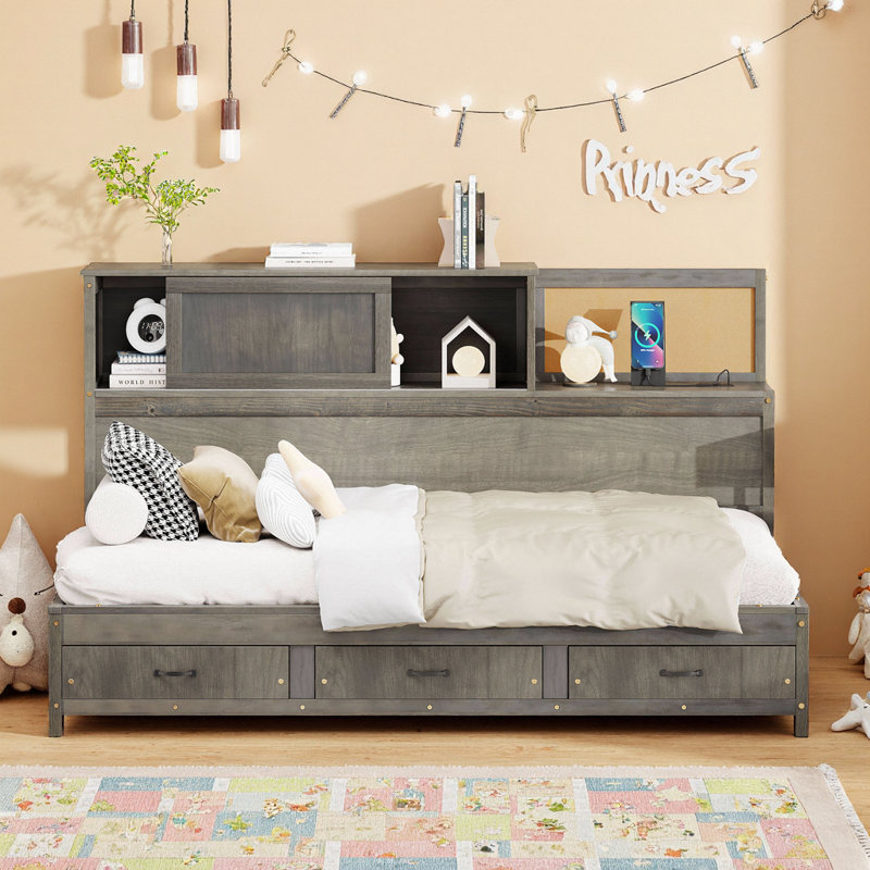 Lit de jour simple en bois avec 3 tiroirs de rangement, ports USB et tablette, gris - Économiseur d'espace moderne avec livraison gratuite