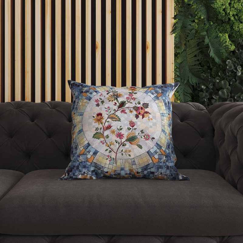 Coussin intérieur / extérieur Botanical Mosaic, Bleu / Orange, Carré 18 po