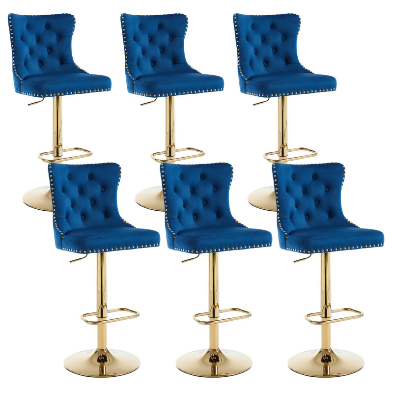 Swivel Adjustable Height Counter Stool With Metal Frame, Dark Blue, Gold