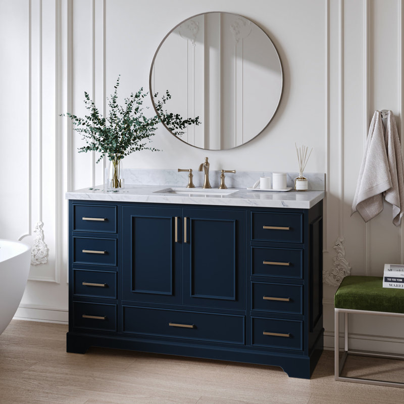 55'' Single Bathroom Vanity with Carrara Marble Top, Midnight Blue