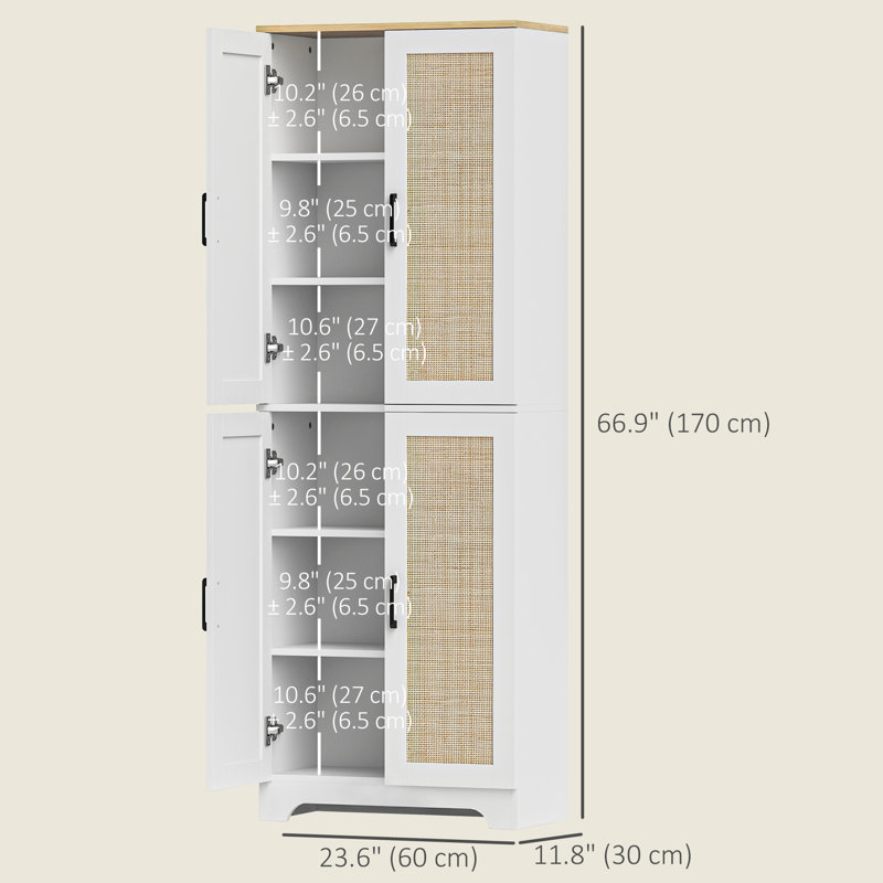 Garde-manger avec 4 portes en rotin et tablettes réglables, Blanc