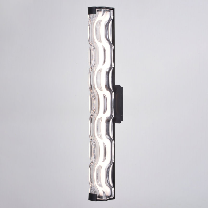 Carnesville 1-Light 24 inch Wide Matte Black Contemporary Bathroom Vanity Lighting Fixture, Clear Wave Glass Shade, Dimmable, Integrated LED, Over the Mirror or Side Mounted Metal Wall Sconce