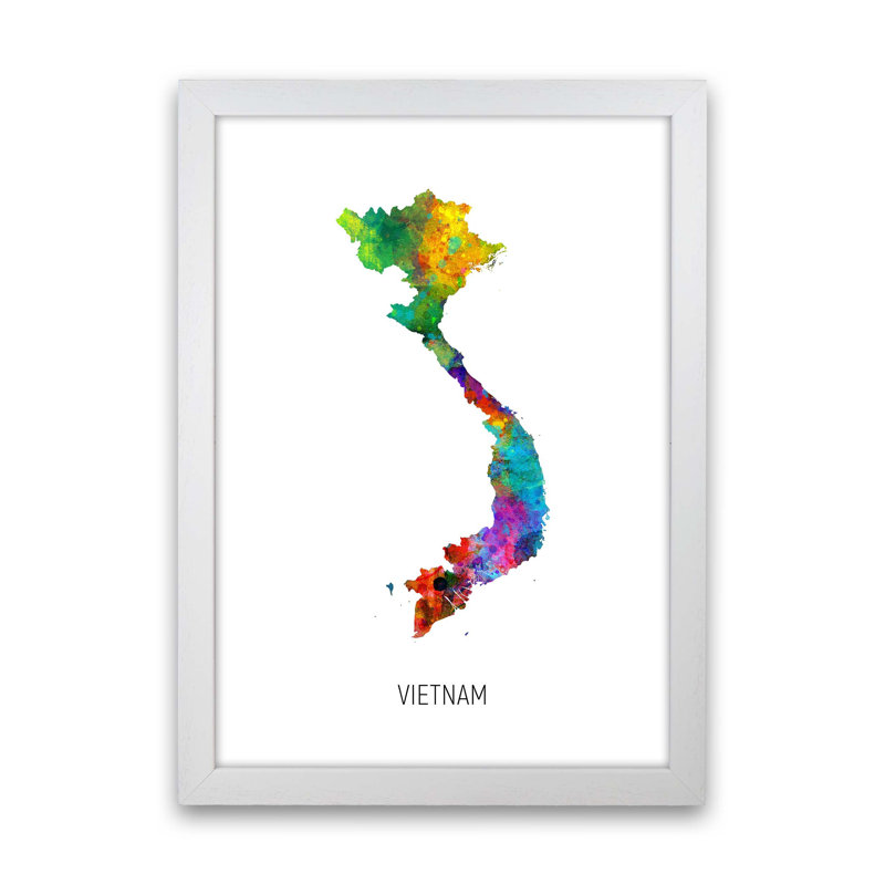 Vietnam Watercolour Map by Michael Tompsett - Print, White Framed, 88cm H x 64cm W x 3cm D