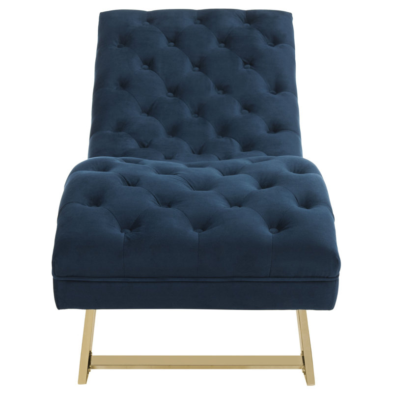 Chaise longue sans accoudoirs capitonnée Mabella, Velours marine, Laiton