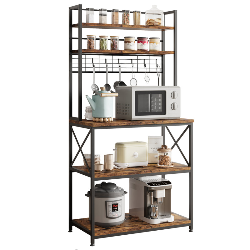 5-Tier Microwave Oven Stand With 6 S-Hooks Adjustable Heavy Duty Coffee Bar Station Kitchen Utility Storage Shelf,Metal Utility Storage Shelf