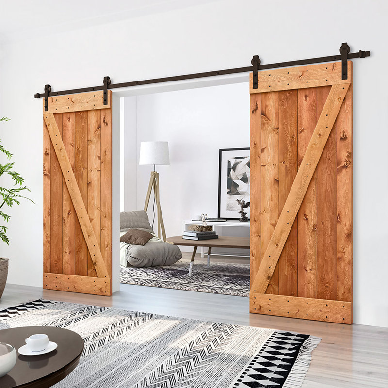Porte de grange en bois massif lambrissé et métal, 96 po x 84 po, Noyer rouge