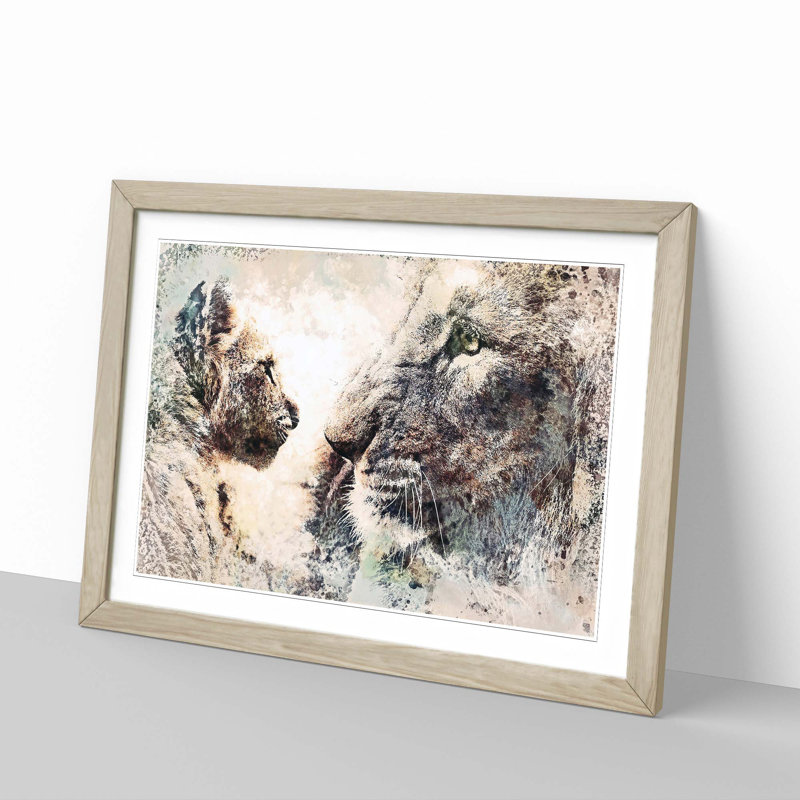 Lion Cub with Its Mother in Abstract - Picture Frame Painting Print, 27cm H x 36cm W x 2cm D, Oak Framed