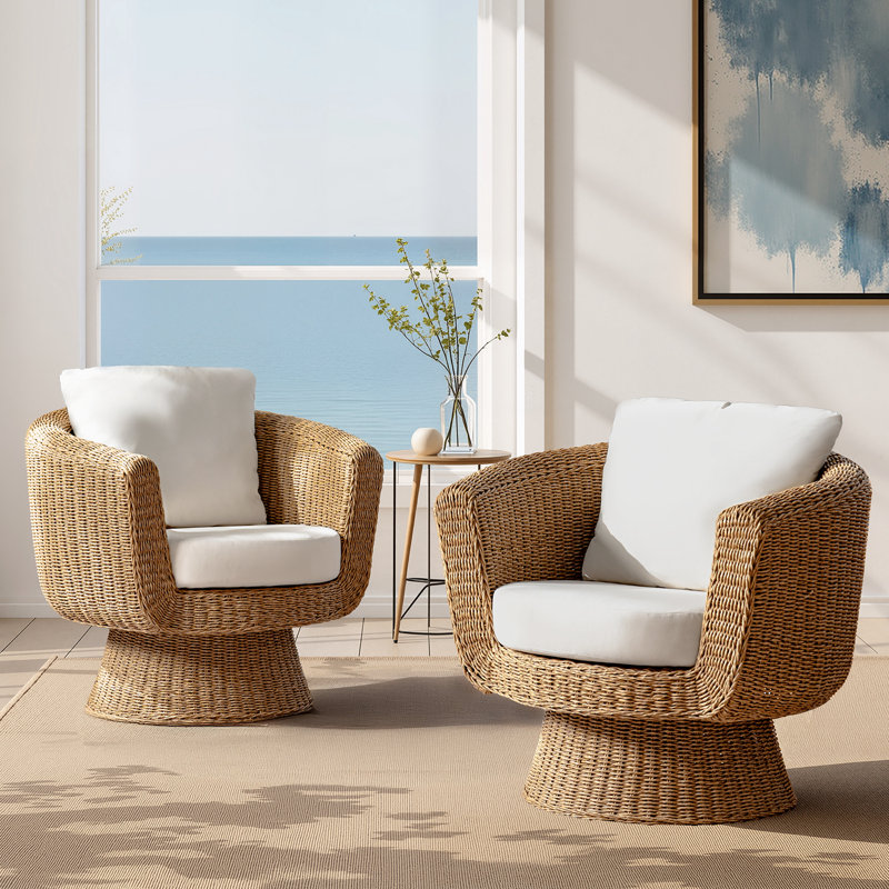 Anesty 36"W Coastal Rattan Swivel Barrel Chair with Removable Cushions Set of 2