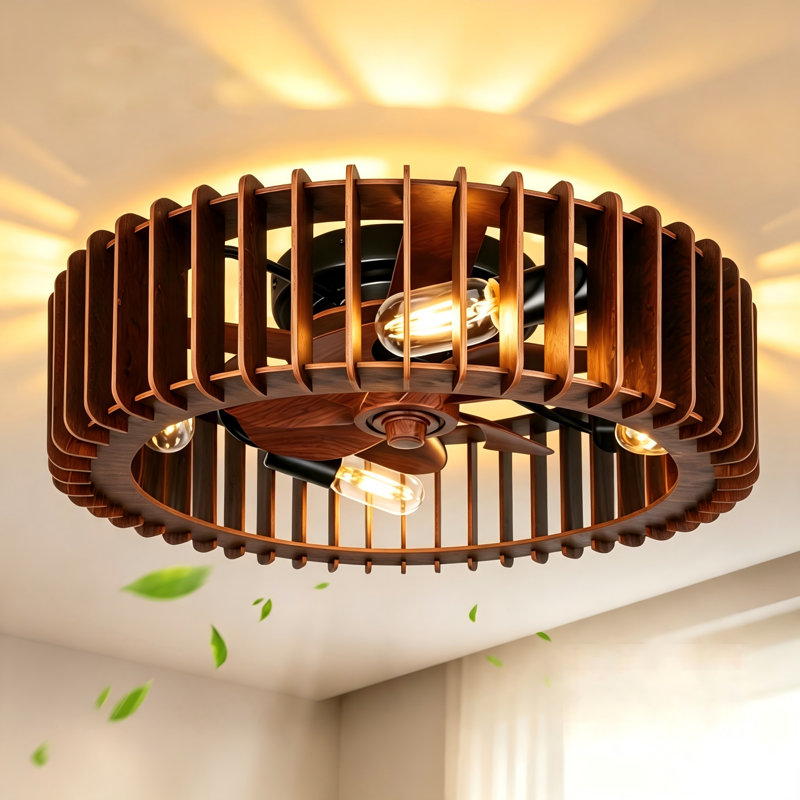 20 Inch DC Motor Flush Mount Ceiling Fan,7 Blade Caged Ceiling Fan with Light,  E26 Socket Wooden Bladeless Ceiling Fan, Remote Control Reversible Ceiling Fan for Bedroom, Living Room, Kitchen