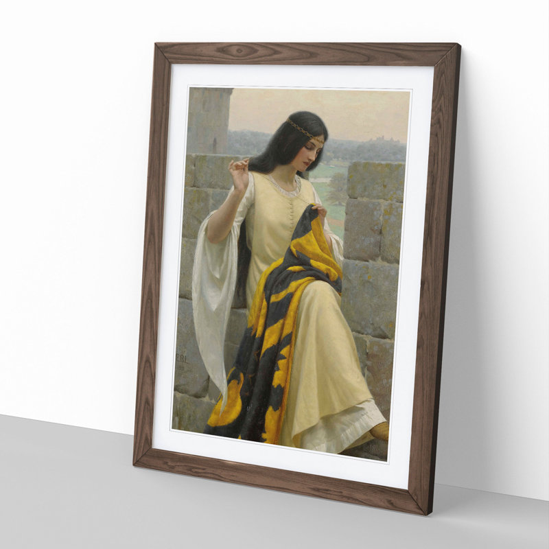 Stitching the Standard by Edmund Leighton - Picture Frame Painting, Walnut Framed, 36cm H x 27cm W x 2cm D