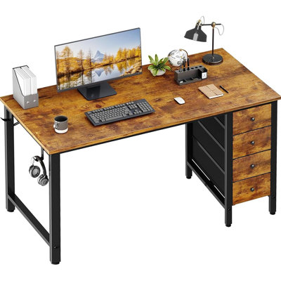 Computer Desk With Fabric Drawers - 55 Inch Long Study Work Writing Desk For Home Office Bedroom, Reversible Simple Modern Cute PC Desks With Drawer, Rustic Brown