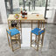 de table de bar et de chaises de deux pièces avec structure dorée, plateau multicouche, coussins en éponge, revêtement beige et bleu