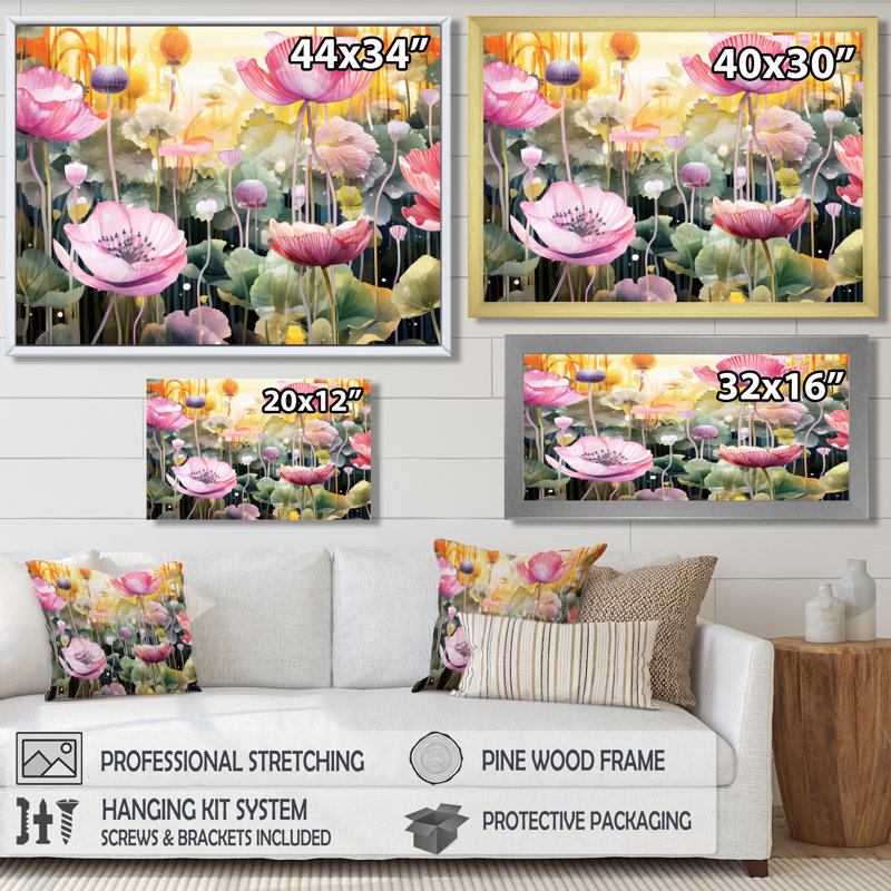 Rose rétro coquelicots sauvages - art mural coquelicot, Cadre flottant noir, bois massif, H 16 po x l 32 po