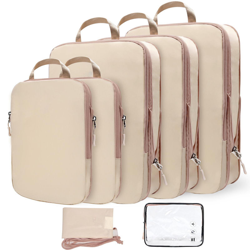 Compressible Expandable Travel Packing Organizer With Clear Toiletries And Backpack Bag, Travel Essentials For Carry On Luggage 7 Set