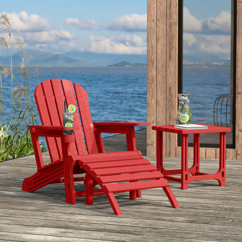 Outdoor Poly 3-Piece Set Adirondack Chair With Ottoman And Side Table, Red