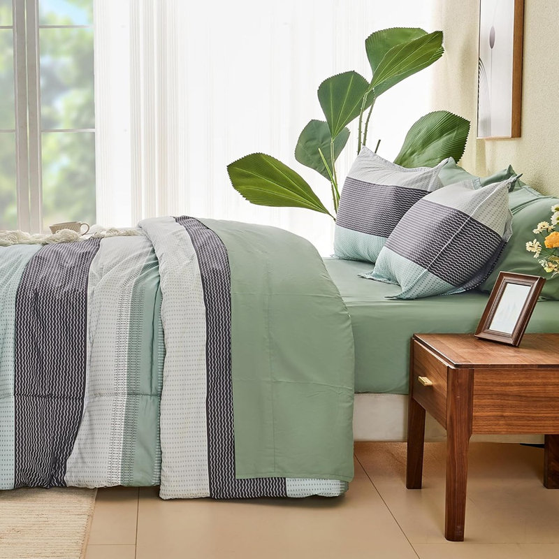 Ensemble d'édredon pour grand lit Sage Green - ensemble de literie en microfibre à rayures 7 pièces